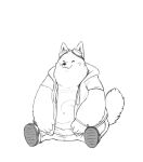  2019 anthro belly bottomwear breeze_in_the_clouds canid canine canis clothing cori_(breeze_in_the_clouds) domestic_dog eyes_closed hi_res hoodie iainmacquarrie male mammal monochrome overweight overweight_male pants simple_background sitting solo topwear white_background 