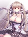  1girl azur_lane bangs between_breasts black_dress blunt_bangs blush breasts cleavage closed_mouth collarbone commentary detached_collar dress earrings expressionless eyebrows_visible_through_hair formidable_(azur_lane) frilled_dress frills full_body grey_background hair_ribbon highres jewelry large_breasts light_particles light_ray lips long_hair looking_at_viewer off-shoulder_dress off_shoulder poco. red_eyes ribbon silver_hair simple_background sitting solo white_neckwear yokozuwari 