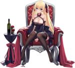  1girl alcohol allenes alternate_costume armchair azur_lane bangs bare_shoulders black_dress black_legwear blonde_hair blue_eyes blush bottle breasts chair closed_mouth commentary_request cross cup detached_sleeves dress drinking_glass eyebrows_visible_through_hair feet flower full_body gradient gradient_background hair_between_eyes hair_ribbon highres jewelry large_breasts long_hair looking_at_viewer official_art one_eye_closed open_mouth red_flower red_ribbon red_rose red_wine ribbon rose royal_navy_(emblem) sitting smile solo sussex_(azur_lane) sussex_(wine_and_red_roses)_(azue_lane) table thighhighs transparent_background wide_sleeves wine wine_glass 