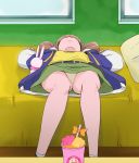  1girl bed belt brown_hair green_skirt haruyama_kazunori healin&#039;_good_precure hiramitsu_hinata jacket long_sleeves lying on_back on_bed panties pantyshot pillow precure rabirin_(precure) shirt short_hair skirt twintails underwear yellow_panties yellow_shirt 