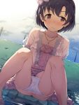  1girl bangs barefoot black_hair blush bow brown_eyes cloud cloudy_sky collarbone commentary_request dress dutch_angle eyebrows_visible_through_hair feet_out_of_frame frilled_dress frills grass hair_bow highres idolmaster idolmaster_cinderella_girls jacket jewelry knees_up nose_blush open_clothes open_jacket outdoors panties panty_pull pendant pink_bow pink_dress pink_jacket power_lines pussy_peek seneto shallow_water shiragiku_hotaru short_hair sitting sky soaking_feet solo spread_legs sweat telephone_pole underwear water white_bow white_panties 