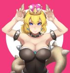  1girl armpits arms_up blonde_hair blue_eyes blush bowsette breasts cleavage crown earrings eyebrows_visible_through_hair hair_between_eyes horns jewelry long_hair mario_(series) noir_(4chan) pointy_ears solo super_crown super_mario_bros. tail 