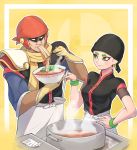  1boy 1girl alternate_costume arms_(game) bandana black_headwear bowl captain_falcon chopsticks eating f-zero food gloves green_eyes grimmelsdathird hand_on_hip helmet highres ladle min_min_(arms) noodles pot ramen red_headwear scarf shoulder_armor smile super_smash_bros. wristband 