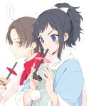  2boys black_hair blue_eyes brown_hair bubble_tea cup disposable_cup drinking drinking_straw haori highres japanese_clothes kashuu_kiyomitsu male_focus mole mole_under_eye mole_under_mouth multiple_boys plico_(nicoma) ponytail red_eyes red_nails red_scarf scarf shinsengumi touken_ranbu translation_request white_scarf yamato-no-kami_yasusada 