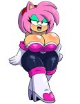  2020 amy_rose anthro big_breasts blush breasts cleavage clothed clothing curvy_figure cute_fangs eulipotyphlan eyes_closed female green_eyes hair hedgehog huge_breasts mammal pink_hair prinnydood rouge_the_bat simple_background smile solo sonic_the_hedgehog_(series) standing thick_thighs voluptuous wide_hips 