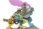  2018 absurd_res anthro belly bottomwear canid canine canis clothing coyote duo halloween hi_res holidays humanoid_hands hyaenid male mammal nono_(breeze_in_the_clouds) overweight overweight_male pants shirt simple_background sodo_(breeze_in_the_clouds) topwear white_background zarockthewolf 