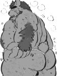 2020 absurd_res anthro asian_clothing belly bodily_fluids buta5kawa butt clothing east_asian_clothing eyes_closed fundoshi hi_res japanese_clothing kemono male mammal monochrome moobs nipples overweight overweight_male simple_background solo sweat underwear ursid white_background 
