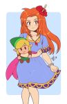  1girl :3 absurdres blue_dress blush bracelet character_doll closed_mouth collarbone dress flower hair_flower hair_ornament highres holding_stuffed_toy jewelry link long_hair looking_at_viewer marin_(the_legend_of_zelda) necklace orange_eyes orange_hair smile taggo the_legend_of_zelda the_legend_of_zelda:_link&#039;s_awakening very_long_hair 