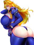  1girl ass bangs blonde_hair blue_eyes breasts choujuushin_gravion cleavage curvy highres huge_ass huge_breasts leotard long_hair looking_at_viewer parted_lips pink_lips puropera_(puropera) revealing_clothes sidelocks solo sweat tachibana_mizuki 