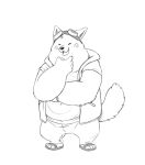  2019 anthro belly bottomwear breeze_in_the_clouds canid canine canis clothing cori_(breeze_in_the_clouds) domestic_dog eyes_closed footwear hi_res hoodie iainmacquarrie male mammal monochrome overweight overweight_male pants sandals simple_background solo topwear white_background 