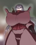  1girl blurry blurry_background breasts covered_nipples dragon_yukano erection erection_under_clothes gigantic_breasts gloves graphite_(medium) henriiku_(ahemaru) highres huge_nipples impossible_clothes japanese_clothes lavender_hair looking_at_viewer mechanical_pencil ninja ninja_slayer pencil purple_eyes red_scarf scarf solo traditional_media vambraces 