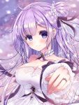  1girl ahoge asymmetrical_bangs azur_lane bangs blush breasts cleavage closed_mouth cloud cloudy_sky collarbone commentary detached_collar dress earrings eyebrows_visible_through_hair flower hair_bun hair_flower hair_ornament highres jewelry large_breasts lavender_hair light_particles long_hair looking_at_viewer off-shoulder_dress off_shoulder oppai_loli outdoors outstretched_hand parted_bangs poco. purple_eyes ring side_bun sky smile solo unicorn_(a_dream_of_pure_vows)_(azur_lane) unicorn_(azur_lane) upper_body wedding_dress wedding_ring white_dress 