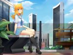  1girl absurdres animal_ears bangs blonde_hair blue_sky building cat_ears cat_tail day green_eyes hair_between_eyes high_heels highres long_hair looking_at_viewer original outdoors plant pleated_skirt potted_plant sailor_collar school_uniform serafuku sitting skirt sky skyscraper smile socks solo sonikey0_0 tail 