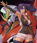  1girl amania_orz black_hair blue_eyes breasts cleavage dark_skin dated eyebrows_visible_through_hair green_eyes gundam looking_ahead mecha older outstretched_arm phoenix_gundam rachel_ransom sd_gundam_g-generation short_shorts shorts side_ponytail solo thick_thighs thighhighs thighs twitter_username v-shaped_eyebrows 