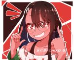  1girl bespectacled black-framed_eyewear brown_eyes collarbone cosplay fan glasses grin hair_ornament hairclip headphones ijiranaide_nagatoro-san index_finger_raised nagatoro_hayase off-shoulder_shirt off_shoulder one-piece_tan over-kneehighs persona persona_5 sachiko_shirayuki sakura_futaba sakura_futaba_(cosplay) shirt short_eyebrows smile solo tan tanline thighhighs 