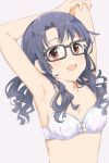  1girl :d armpits arms_behind_head arms_up bangs bare_arms black-framed_eyewear black_hair bow bow_bra bra breasts cleavage collarbone commentary_request eyebrows_visible_through_hair floral_print glasses grey_background highres hiroki_(yyqw7151) idolmaster idolmaster_million_live! light_blush long_hair looking_at_viewer looking_to_the_side medium_breasts open_mouth print_bra red_eyes simple_background smile solo takayama_sayoko underwear underwear_only upper_body wavy_hair white_bow white_bra 