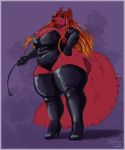  absurd_res anthro big_breasts border breasts canid canine cleavage clothed clothing dominatrix female footwear greasymojo hair hi_res high_heels legwear long_hair mammal purple_border red_body riding_crop shoes slightly_chubby solo thick_thighs thigh_highs whip 