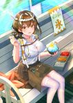  1girl :d absurdres arknights bangs bench breasts brown_hair brown_skirt chinese_commentary commentary_request eyebrows_visible_through_hair feet_out_of_frame food hachimaki hair_between_eyes hand_up headband highres holding holding_food large_breasts looking_at_viewer magallan_(arknights) multicolored_hair nejiri_hachimaki open_mouth rainbow shaved_ice shirt short_hair short_sleeves sitting skirt smile solo streaked_hair thighhighs vic_(user_ztdh7374) white_hair white_legwear white_shirt yellow_eyes zettai_ryouiki 