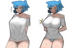  /\/\/\ 1girl arms_behind_back baggy_clothes bare_shoulders blue_eyes blue_hair blush breasts covered_nipples fang green_eyes heterochromia huge_breasts multiple_views no_bra no_pants off-shoulder_shirt off_shoulder original pajamas_challenge panties pulled_by_self raban2950 shirt short_ponytail skin_fang solo striped striped_panties t-shirt taut_clothes taut_shirt tight_shirt underwear white_background 