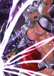  1girl abs bangs breasts caenis_(fate) dark-skinned_female dark_skin fate/grand_order fate_(series) headpiece holding holding_polearm holding_weapon incoming_attack jikihatiman lance looking_at_viewer muscular muscular_female open_clothes open_mouth pointy_ears polearm red_eyes silver_hair solo stomach tattoo weapon white_hair 