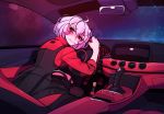  1girl black_horns black_tail black_vest car_interior demon_girl demon_horns demon_tail dress fang helltaker horns leaning_forward malina_(helltaker) messy_hair pantyhose pencil_skirt red_shirt sachiko_shirayuki shirt short_hair sitting skin_fang skirt solo steering_wheel tail tail_through_clothes vest waistcoat white_hair 