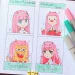  1girl adventure_time bangs boku_no_hero_academia darling_in_the_franxx english_text eyebrows_visible_through_hair green_eyes hairband hands_up horikoshi_kouhei_(style) horns instagram_username koyomi_chu looking_at_viewer marker_(medium) multiple_views oni_horns open_mouth orange_neckwear parody photo pink_hair red_horns smile sparkle spongebob_squarepants spongebob_squarepants_(character) style_parody traditional_media upper_body white_hairband zero_two_(darling_in_the_franxx) 