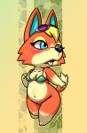  animal_crossing anthro audie_(animal_crossing) belly bikini bikini_top black_nose blonde_hair bottomless breasts canid canine canis clothed clothing female fur gloves_(marking) hair lkiws mammal markings multicolored_bikini nintendo open_mouth orange_body orange_ears orange_fur solo swimwear tongue two_tone_tail video_games wolf 