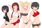  4girls :d arched_back arm_behind_head arm_up armpits arms_behind_head arms_up bandeau bangs bikini bikini_shorts black_bikini black_eyes black_hair black_shirt black_shorts blonde_hair blush breasts brown_eyes brown_hair caesar_(girls_und_panzer) closed_mouth erwin_(girls_und_panzer) eyebrows_visible_through_hair frown fundoshi fundoshi_lift girls_und_panzer glasses groin half-closed_eyes halterneck headband japanese_clothes long_hair looking_at_viewer medium_breasts medium_hair messy_hair mismatched_bikini multiple_girls navel no_hat no_headwear no_scarf one_eye_closed open_mouth oryou_(girls_und_panzer) pointy_hair print_shirt red-framed_eyewear red_bikini red_headband saemonza_(girls_und_panzer) sarashi semi-rimless_eyewear shirt short_hair short_ponytail shorts side-by-side simple_background sitting smile strapless strapless_bikini string_bikini swimsuit tanaka_rikimaru under-rim_eyewear v-shaped_eyebrows white_background 