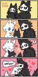  ! &lt;3 1:2 2018 anthro black_body black_fur blue_eyes blush canid canine canis changed_(video_game) comic dialogue duo english_text fchicken fur goo_creature hi_res hug lin_(changed) male mammal mask plushie puro_(changed) text white_body white_eyes white_fur wolf 