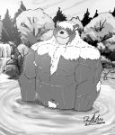  2020 anthro bathing belly deadanthro detailed_background eyes_closed kimun_kamui_(tas) male mammal monochrome navel outside overweight overweight_male solo tokyo_afterschool_summoners ursid video_games water 