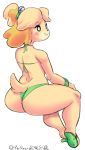  animal_crossing anthro bikini butt canid canine canis clothed clothing colored digital_media_(artwork) domestic_dog female footwear isabelle_(animal_crossing) mammal nintendo panthera_cantus rear_view sandals signature simple_background sitting smile solo swimwear video_games white_background 
