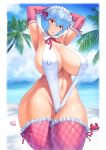  1girl :o absurdres arm_on_head armpits arms_up ayanami_rei beach blue_hair blue_sky bow bowtie breasts cloud cloudy_sky covered_nipples crab curvy day fishnet_legwear fishnet_sleeves fishnets hair_between_eyes head_tilt highres huge_breasts looking_at_viewer maid_headdress mogudan navel neon_genesis_evangelion open_mouth outdoors red_eyes seashell shell short_hair sky slingshot_swimsuit solo swimsuit thick_thighs thighhighs thighs white_swimsuit wide_hips 