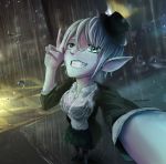  2018 blue_eyes bottomwear breasts clothing female gesture grimmy hair hat headgear headwear hi_res humanoid humanoid_pointy_ears not_furry outside raining selfie shirt short_hair skirt smile solo top_hat topwear v_sign water wet wet_clothing 