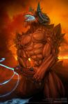  4_fingers abs balls big_penis bodily_fluids chaor chaotic cum cumshot demon ejaculation fingers genital_fluids genitals glowing glowing_cum hi_res horn kneeling male masturbation muscular muscular_male penis solo text todex unusual_cum url 