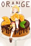  1girl bangs black_collar black_shorts blonde_hair bow cake cake_stand chocolate closed_eyes collar facing_viewer food fork fork_hair_ornament fruit full_body grin hair_bow hair_ornament hairclip hand_on_own_cheek highres kagamine_rin knee_up kneehighs leaf mint orange orange_slice oversized_food raputsue ribbon sailor_collar shirt short_hair shorts sitting smile solo spoon spoon_hair_ornament swept_bangs thigh_ribbon vocaloid white_bow white_shirt wrist_cuffs yellow_ribbon 