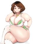  1girl alternate_breast_size boku_no_hero_academia bra breasts brown_eyes brown_hair cleavage crossed_legs curvy green_bra green_panties hand_on_hip hand_on_own_face highres huge_breasts jewelry keigi looking_at_viewer love_handles magatama_necklace muffin_top multiple_bras nail_polish necklace older over-kneehighs panties pink_nails plump short_hair sitting smile solo spaghetti_strap thick_eyebrows thick_thighs thighhighs thighs underwear underwear_only uraraka_ochako white_bra white_legwear 