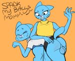  2020 anthro backsack ballbusting balls blue_body blue_fur bottomless butt cartoon_network clothed clothing cock_and_ball_torture crossgender daughter domestic_cat duo eyes_closed felid feline felis female ftg_crossgender fti_crossgender fur genital_torture genitals gynomorph hi_res intersex intersex/female mammal mary_senicourt mother mother_and_child mother_and_daughter nicole_watterson on_lap orange_background parent parent_and_child raised_clothing raised_skirt simple_background spank_marks spanking the_amazing_world_of_gumball zambs 