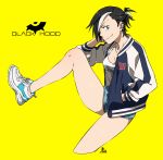 1girl black_hood blue_eyes ear_piercing hand_in_pocket highres jacket jewelry kamezaemon leg_up looking_at_viewer multicolored_hair necklace open_clothes open_jacket original piercing shoes short_shorts shorts simple_background sneakers solo yellow_background 