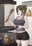 1girl black_hair black_legwear breasts brown_eyes chewing cleavage commentary cooking eating eyebrows_visible_through_hair food frying_pan grey_shirt hair_ornament hair_scrunchie highres jun_(seojh1029) kitchen large_breasts navel original ponytail scrunchie shirt short_hair short_ponytail short_shorts shorts solo tank_top thighs 