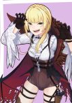  1girl absurdres alternate_costume ascot bat_hair_ornament bat_ornament bat_wings black_gloves blonde_hair braid cape corset cowboy_shot fangs french_braid frills fur-trimmed_cape fur_trim girls_frontline gloves grin hair_ornament hair_over_shoulder hands_up harness highres holster huge_filesize lace-trimmed_sleeves looking_at_viewer mari0ball o-ring_corset purple_background red_lining simple_background smile solo thigh_holster thigh_strap welrod_mk2 welrod_mk2_(girls_frontline) wings 