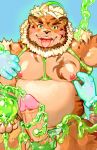  2020 absurd_res anthro balls belly blue_background blush erection felid genitals green_eyes hi_res hombretigre humanoid_genitalia humanoid_hands humanoid_penis kemono male mammal moobs navel nipples overweight overweight_male pantherine penis pikaqoo scar simple_background solo_focus tiger tokyo_afterschool_summoners tongue tongue_out video_games 