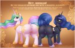  2020 anus augustbebel big_butt border butt cutie_mark digital_media_(artwork) dock duo english_text equid eyebrows eyelashes female feral friendship_is_magic genitals hasbro hi_res horn looking_at_viewer mammal my_little_pony princess_celestia_(mlp) princess_luna_(mlp) puffy_anus pussy sibling sister sisters smile text thick_thighs url white_border winged_unicorn wings 