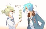  +++ /\/\/\ 2boys blonde_hair blue_hair blue_jacket cable closed_eyes commentary food glasses hair_ornament hairclip headphones headphones_around_neck holding holding_food hood hoodie ice_cream ice_cream_cone jacket kagamine_len kaito laughing male_focus miso23so multiple_boys nail_polish necktie open_mouth plaid_neckwear project_diva_(series) school_jersey_(module) school_uniform_parka_(module) shirt short_ponytail smile spiked_hair sweat too_many too_many_scoops translated vocaloid white_hoodie white_shirt yellow_nails 