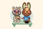  2020 animal_crossing anthro barold_(animal_crossing) beard black_body black_fur bodily_fluids brown_body brown_fur chibi clothing duo eyewear facial_hair flyingrotten fur hand_holding hat headgear headwear hi_res lagomorph leporid male mammal nintendo rabbit shirt sitting sunglasses sweat topwear video_games 