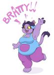  anthro belly big_belly black_eyes black_hair breasts catty_(undertale) clothing dipstick_tail domestic_cat ear_piercing ear_ring eyelashes felid feline felis female freckles fur hair happy hi_res highlights_(coloring) mammal multicolored_tail on_one_leg open_mouth overalls overweight overweight_female paws piercing purple_body purple_fur simple_background smile solo standing thick_thighs undertale video_games white_background yellow_sclera yellowhellion 