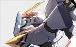  commentary d-1 from_side grey_background highres kikou_senki_dragonar looking_ahead mecha no_humans science_fiction solo symbol-only_commentary takahashi_masaki thrusters upper_body yellow_eyes 