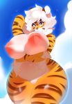  2020 anthro areola big_areola big_breasts big_nipples breasts buxbi_(character) cloud curvy_figure eyelashes felid female fur genitals hair hi_res higgyy huge_breasts looking_at_viewer mammal nipples nude outside pantherine pussy sky slightly_chubby solo striped_body striped_fur stripes thick_thighs tiger voluptuous white_hair wide_hips 
