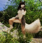  anthro biped black_body black_fur bodily_fluids breasts canid canine canis detailed_background female fur genital_fluids grass hi_res looking_at_viewer mammal nipples omorashi open_mouth outside peeing rock saberjackal sky solo solo_focus standing tan_body tan_fur teeth tree urine watersports wolf 