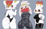 16:10 blush bodysuit breasts butt cinderace clothed clothing female fur hi_res lagomorph legwear leotard looking_at_viewer mammal navel nintendo pok&eacute;mon pok&eacute;mon_(species) pururing raboot red_eyes rubber scorbunny simple_background skinsuit thigh_highs tight_clothing video_games white_body white_fur widescreen 