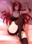  1girl absurdres armpits artist_name bare_shoulders bike_shorts black_legwear blush breasts cleavage collarbone cropped_shirt feet_out_of_frame green_eyes hair_between_eyes highres large_breasts long_hair looking_at_viewer lying on_back on_bed open_mouth patreon_username pyrrha_nikos red_hair rwby shirt short_sleeves sleeveless smile solo strapless teeth thighhighs tongue vilde_loh_hocen watermark web_address 